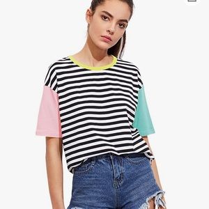 Romwe Women’s Colorblock Summer Contrast Neck and Sleeve Casual Striped Tee - Sm
